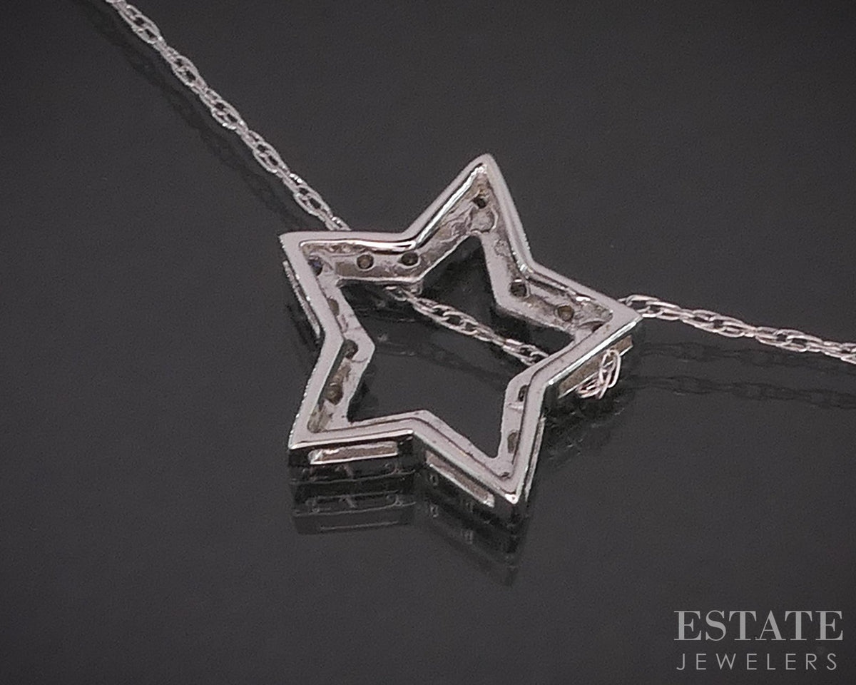 10k White Gold Natural Diamond Open Star Ladies Necklace 1.1g 18"L i19899b