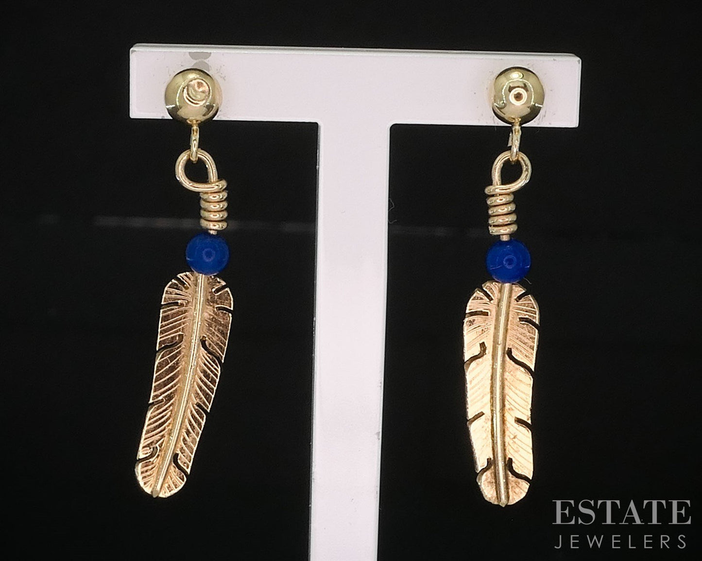 14k Yellow Gold Natural Lapis Richard Begay Navajo Feather Earrings 1.6g i19931