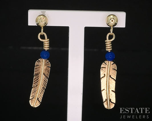 14k Yellow Gold Natural Lapis Richard Begay Navajo Feather Earrings 1.6g i19931