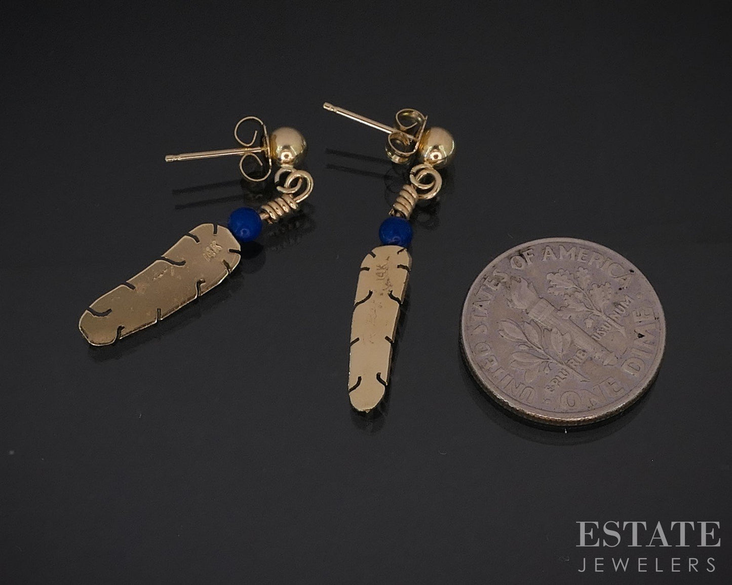 14k Yellow Gold Natural Lapis Richard Begay Navajo Feather Earrings 1.6g i19931