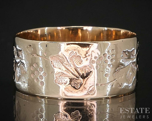 Antique Victorian 10k Yellow Gold 8mm Grape Leaf Cigar Band Ring 2.5g i19892