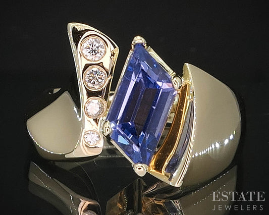 14k Yellow Gold Step Cut Natural Tanzanite & Diamond Custom Ring 11.9g i19893