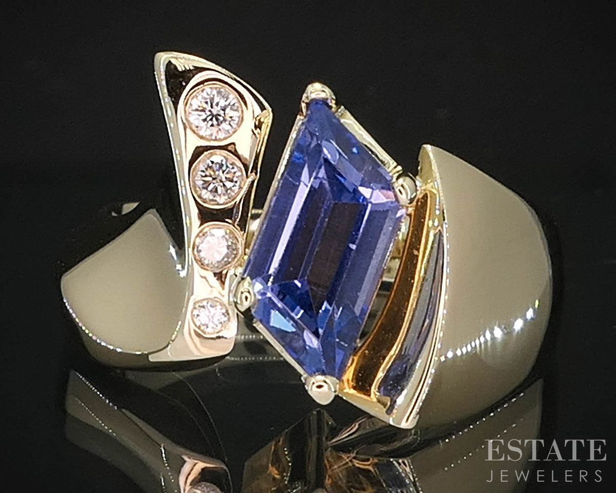 14k Yellow Gold Step Cut Natural Tanzanite & Diamond Custom Ring 11.9g i19893