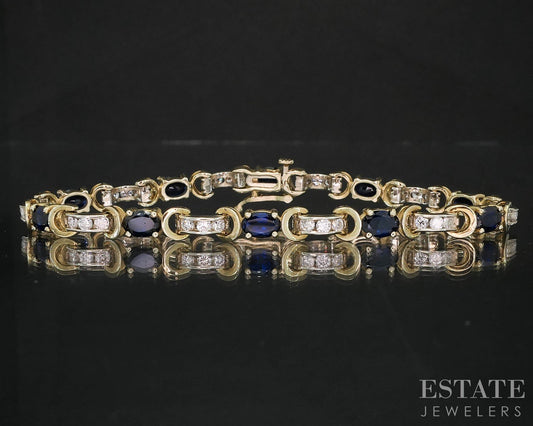 14k Two Tone Gold Natural Blue Sapphire & Diamond Tennis Bracelet 12g 7"L i19928