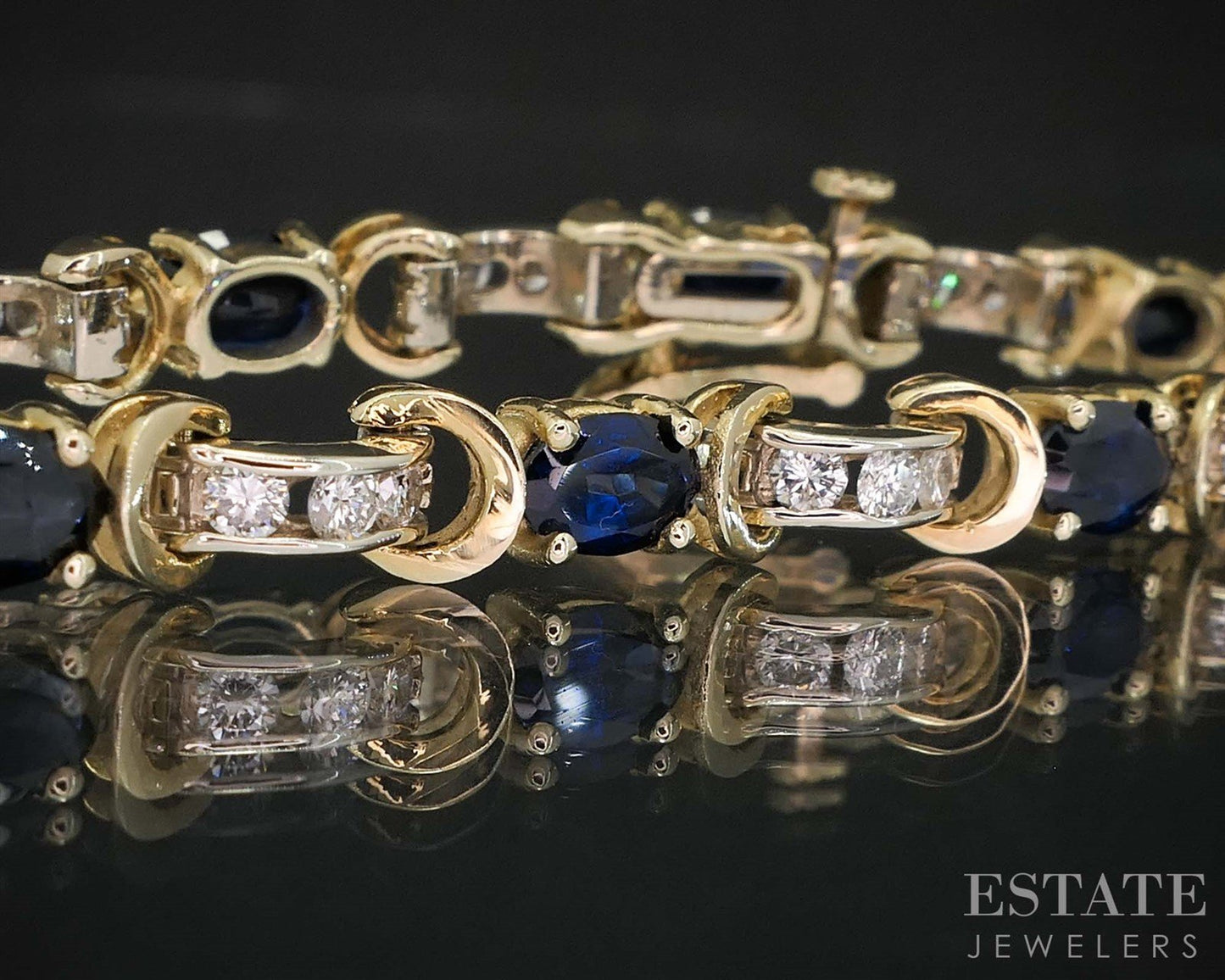 14k Two Tone Gold Natural Blue Sapphire & Diamond Tennis Bracelet 12g 7"L i19928