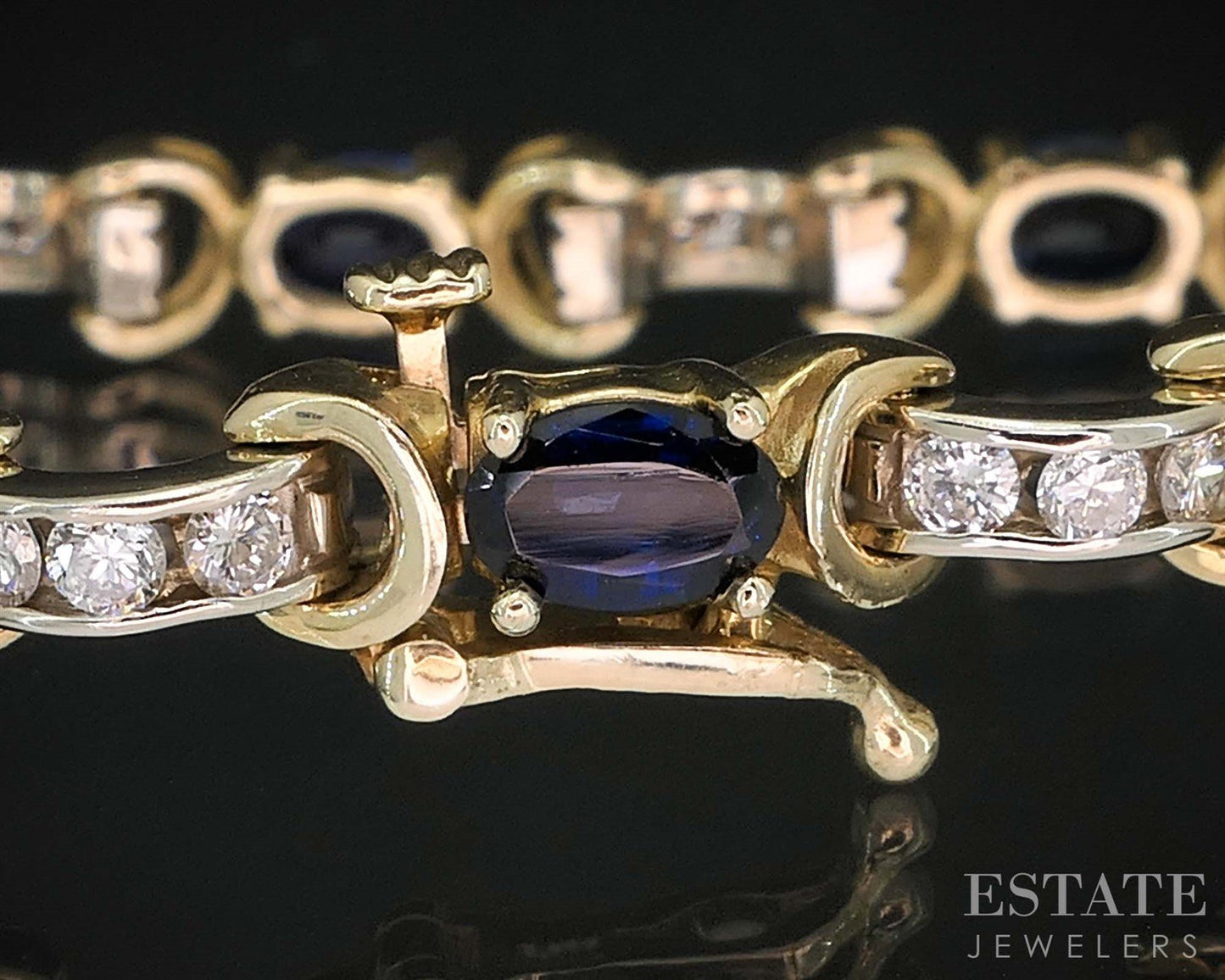 14k Two Tone Gold Natural Blue Sapphire & Diamond Tennis Bracelet 12g 7"L i19928