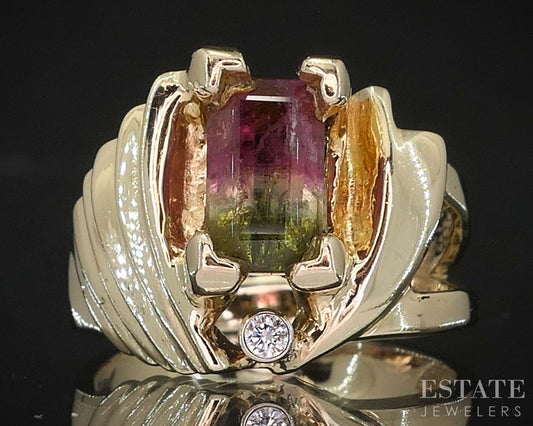 14k Yellow Gold Natural Watermelon Tourmaline & Diamond Ladies Ring 8.6g i19927