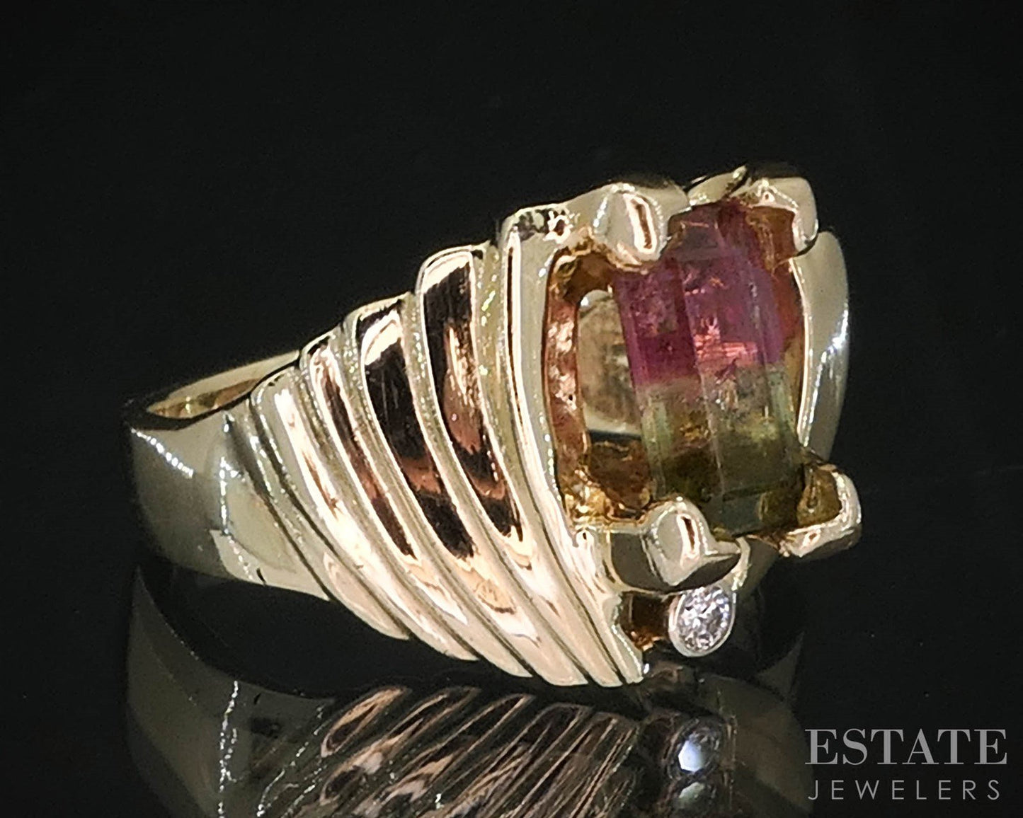 14k Yellow Gold Natural Watermelon Tourmaline & Diamond Ladies Ring 8.6g i19927