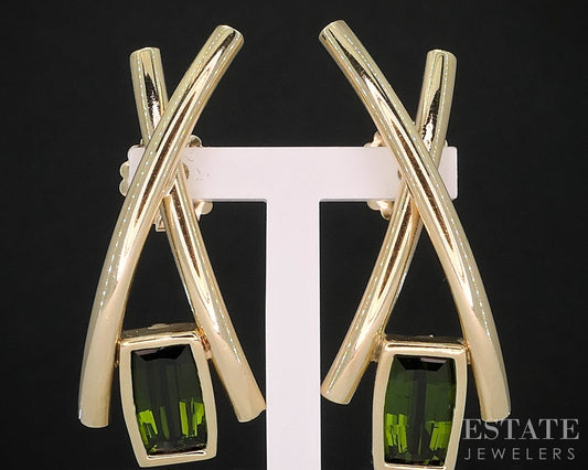 Vintage 14k Yellow Gold Natural Green Tourmaline X Drop Earrings 7.3g i19925