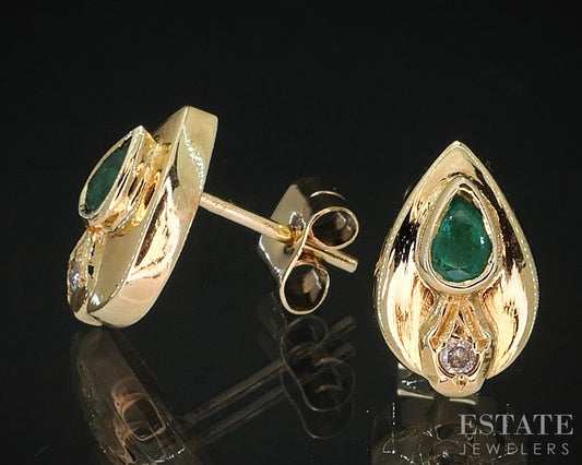 18k Yellow Gold Natural Emerald & Diamond Teardrop Stud Earrings 3.8g i19929