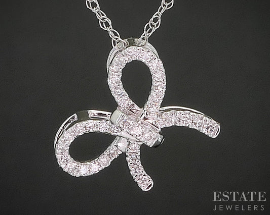 10k White Gold Lab Created .17ctw Diamond Bow Ladies Necklace 0.7g 18"L i19944