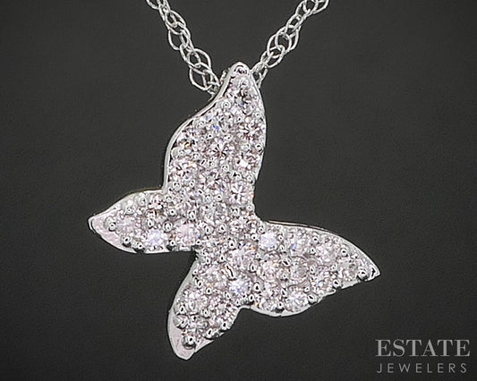 10k White Gold Lab Created .17ctw Diamond Butterfly Necklace 0.6g 18"L i19945