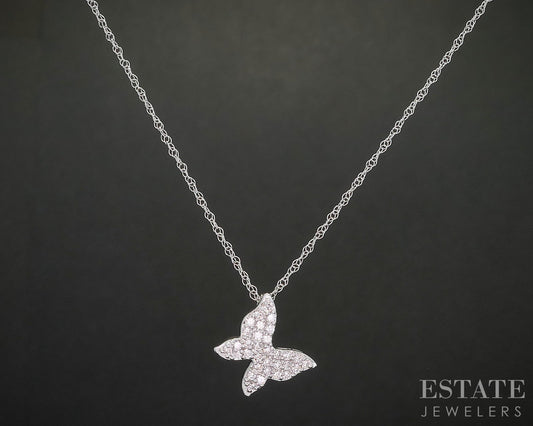 10k White Gold Lab Created .17ctw Diamond Butterfly Necklace 0.6g 18"L i19945