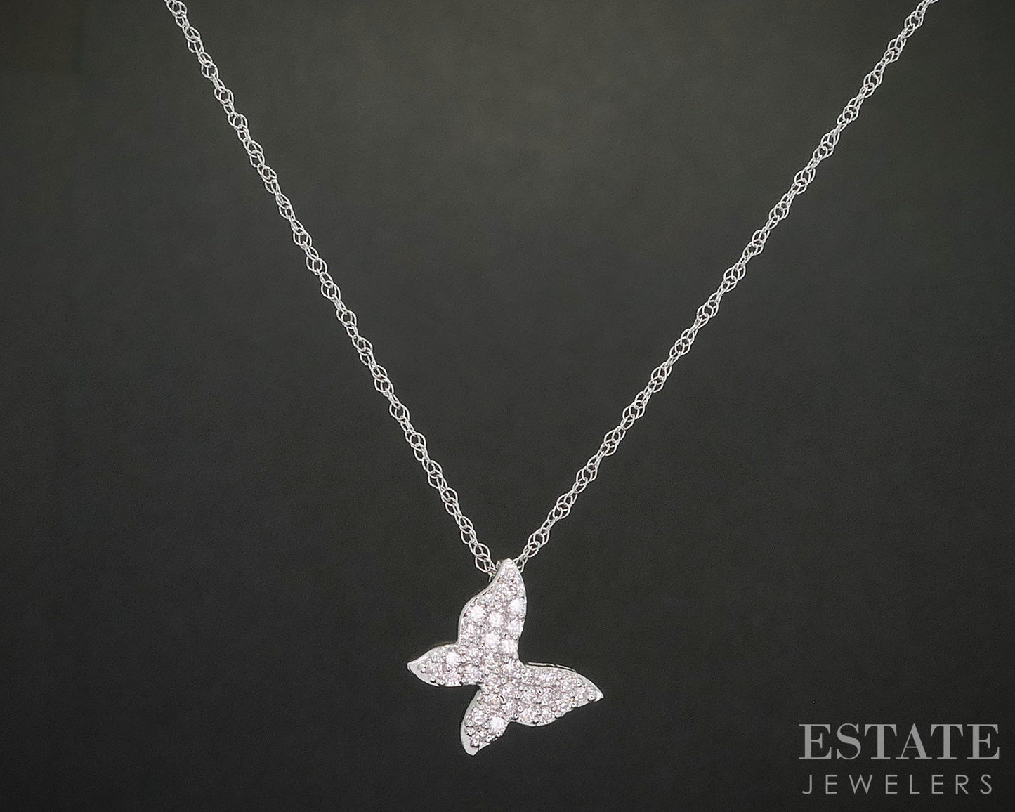 10k White Gold Lab Created .17ctw Diamond Butterfly Necklace 0.6g 18"L p88202