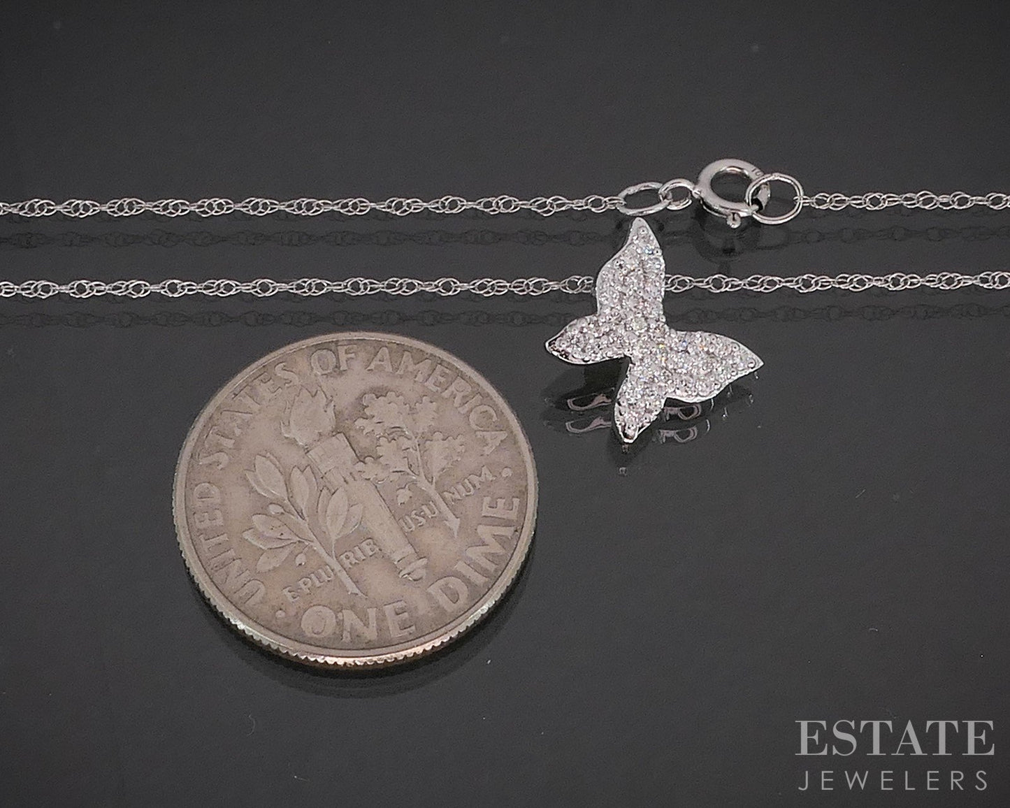 10k White Gold Lab Created .17ctw Diamond Butterfly Necklace 0.6g 18"L p88202