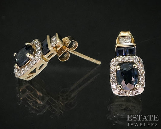 10k Yellow Gold Natural Blue Sapphire & Diamond Stud Drop Earrings 1.6g i19997b