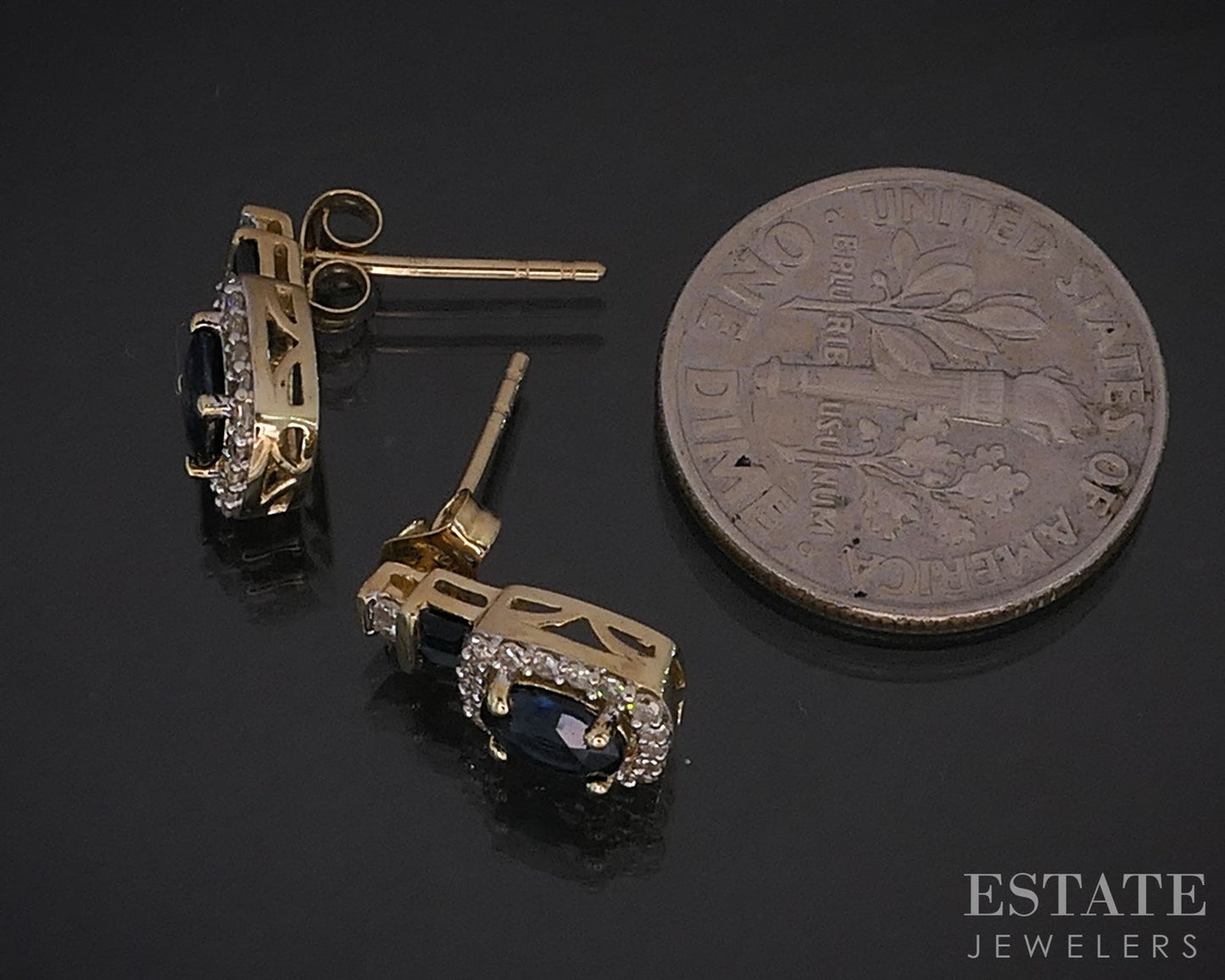 10k Yellow Gold Natural Blue Sapphire & Diamond Stud Drop Earrings 1.6g i19997b