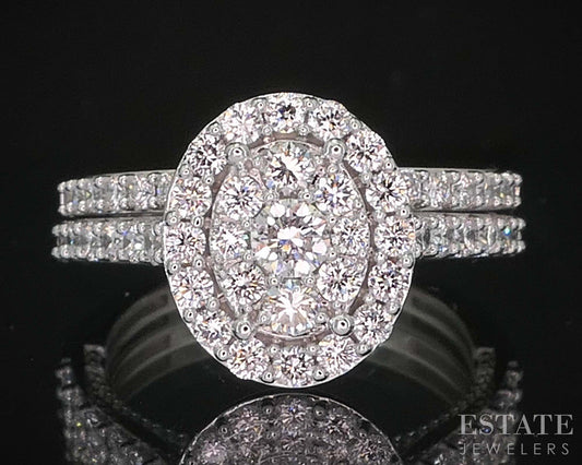 10k White Gold Oval Lab Created .88ctw Diamond Cluster Wedding Set 4.8g i19986b