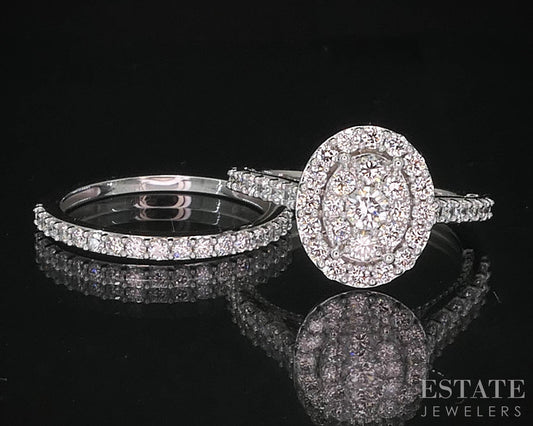 10k White Gold Oval Lab Created .88ctw Diamond Cluster Wedding Set 4.8g i19986b