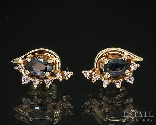 14k Yellow Gold Natural Sapphire & Diamond Stud Ladies Earrings 2.3g i19978b