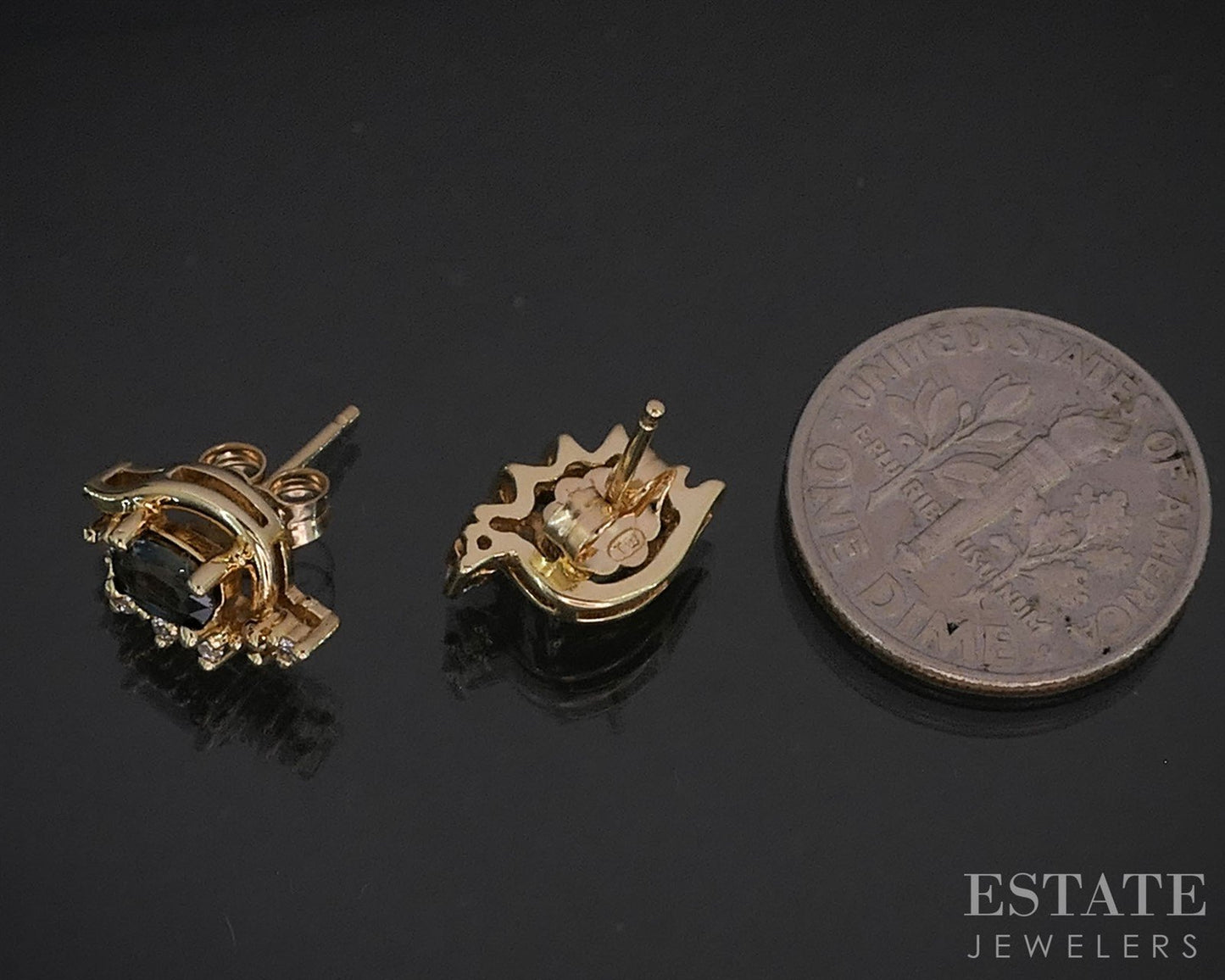 14k Yellow Gold Natural Sapphire & Diamond Stud Ladies Earrings 2.3g i19978b