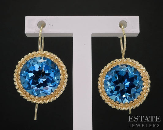 14k Yellow Gold Round Natural Blue Topaz Dangle Earrings 4.5g i19985b