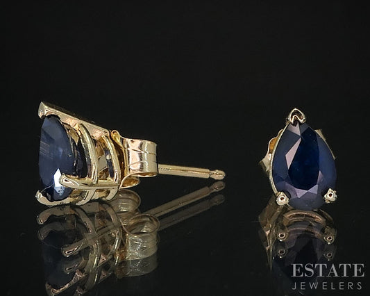 14k Yellow Gold Pear Natural Blue Sapphire Stud Earrings i19991b