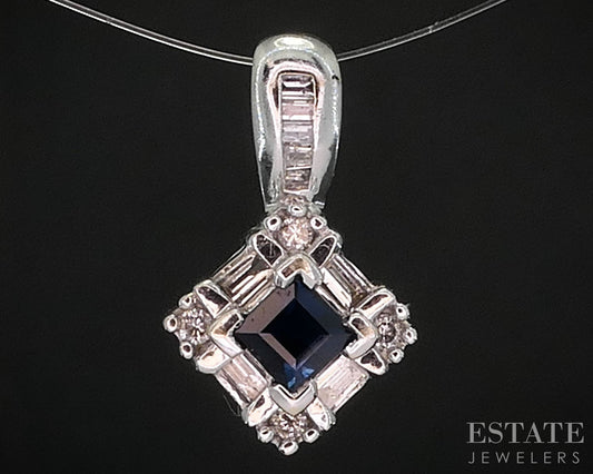 14k White Gold Natural Blue Sapphire & Diamond Ladies Pendant 2g i19982b