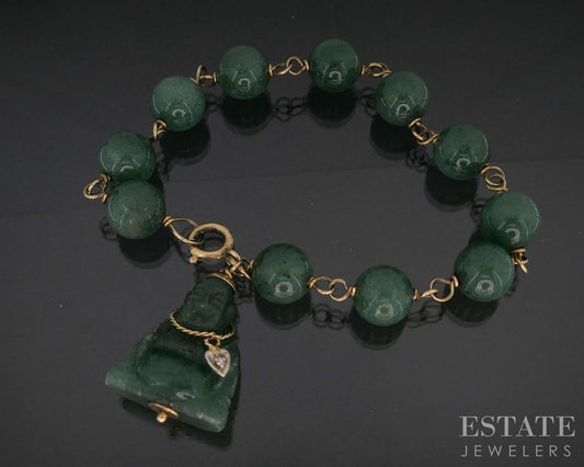 Vintage 14k Yellow Gold Green Quartz Buddha Beaded Bracelet 7.75"L i19993b
