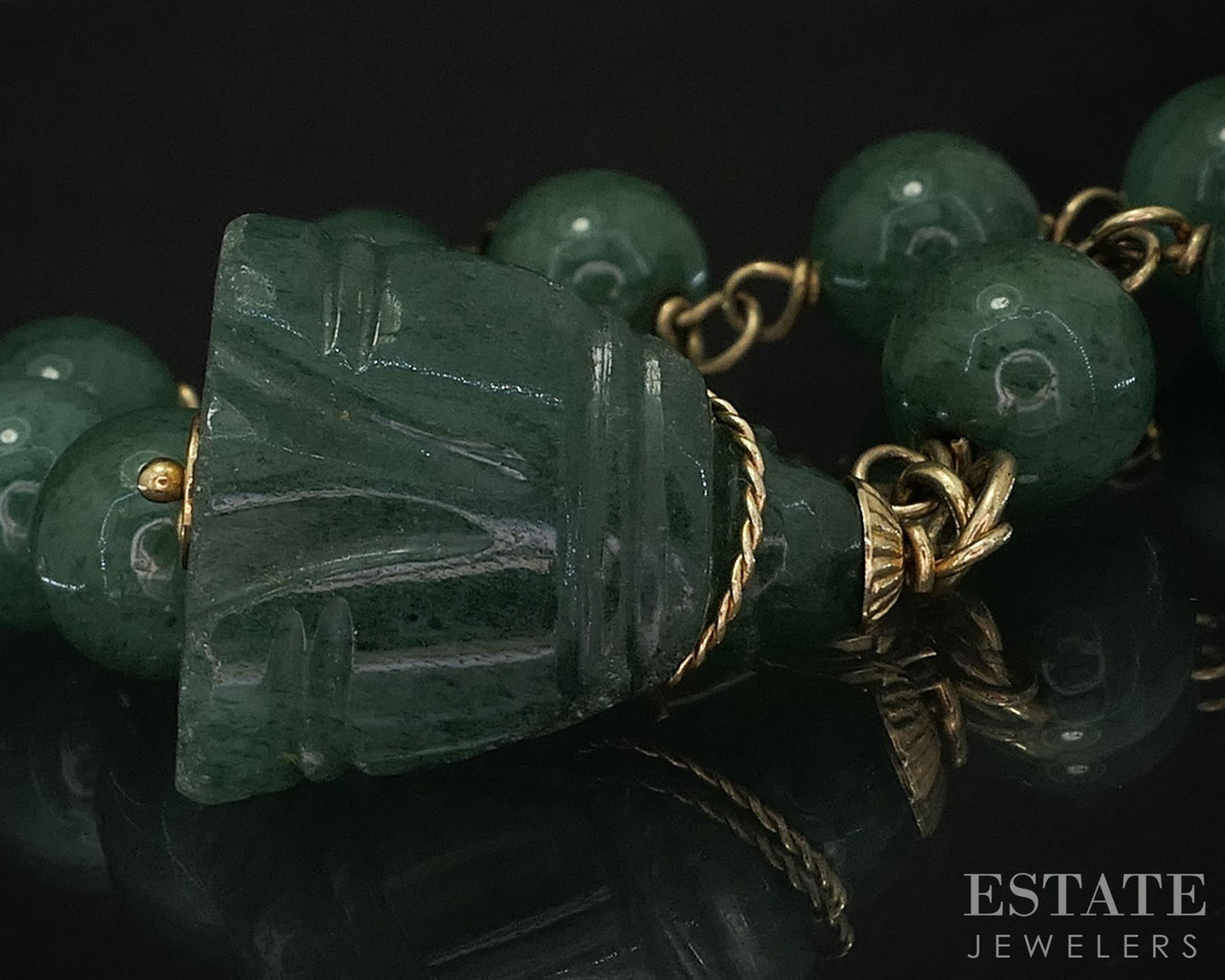 Vintage 14k Yellow Gold Green Quartz Buddha Beaded Bracelet 7.75"L i19993b