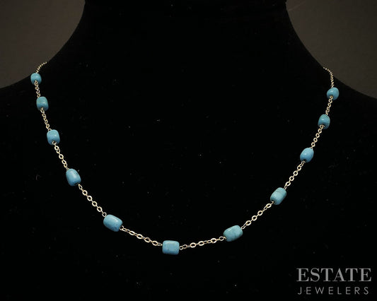 14k Yellow Gold Natural Turquoise Beaded Link Necklace 2.7g 18"L i19992b