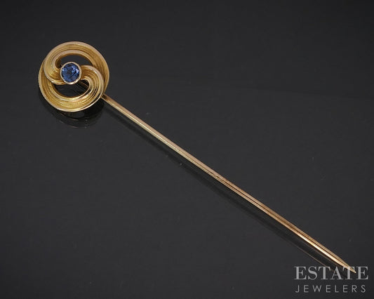 Antique Art Nouveau 14k Yellow Gold Blue Sapphire Stick Pin 1.7g i19995b