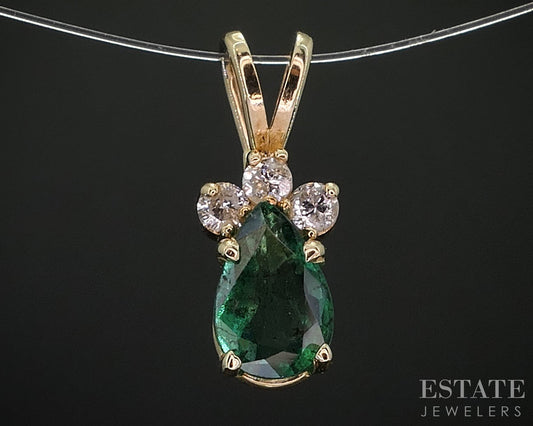 14k Yellow Gold Pear Natural Emerald & Diamond Pendant 0.5g i19996b