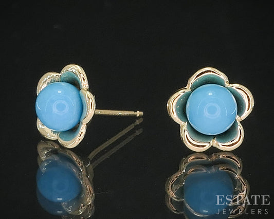 14k Yellow Gold Natural Turquoise Flower Stud Ladies Earrings 1.5g i19968b