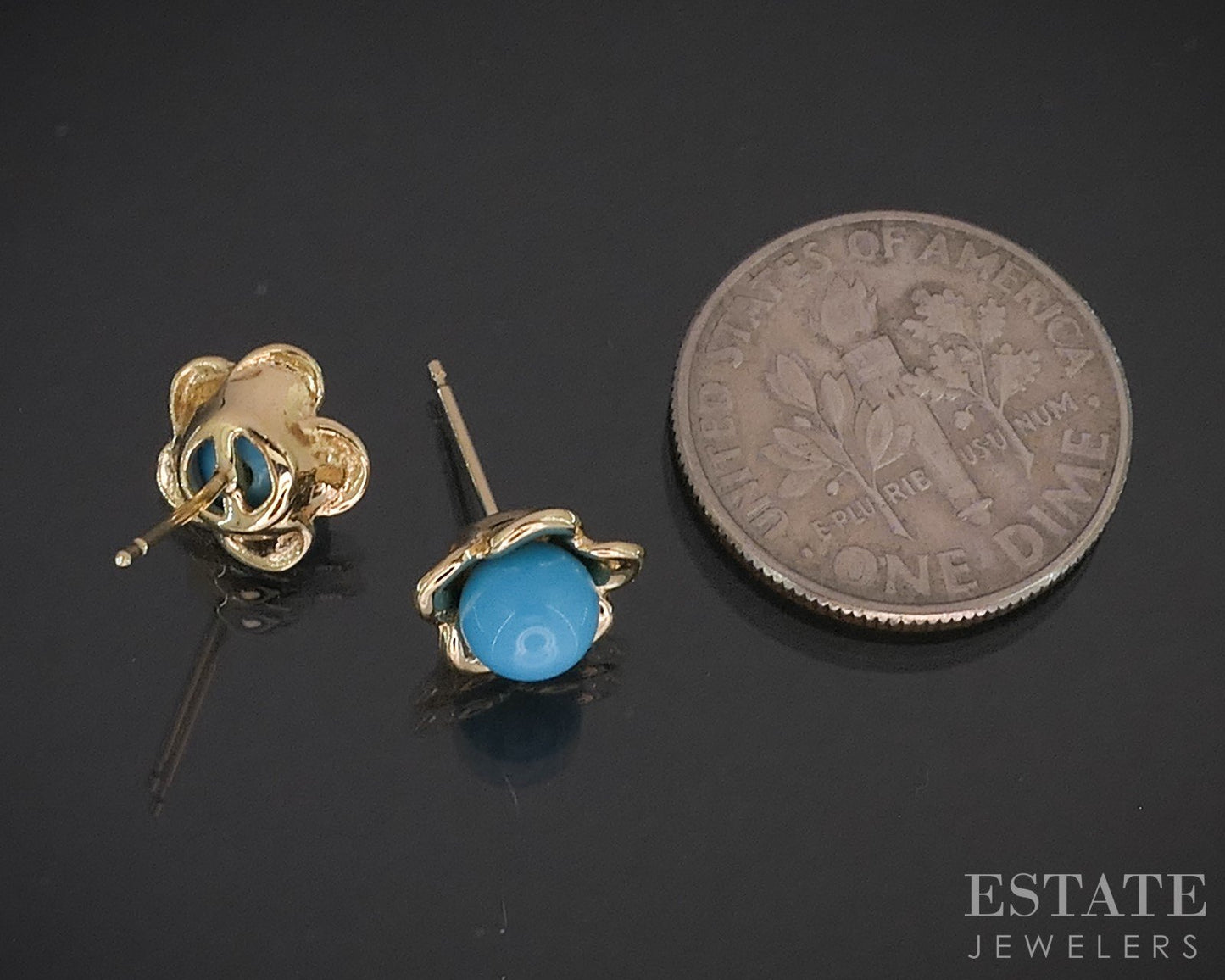 14k Yellow Gold Natural Turquoise Flower Stud Ladies Earrings 1.5g i19968b