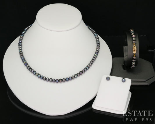 14k Yellow Gold 5mm Cultured Black Pearl Ladies Jewelry Set i19972b