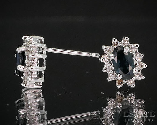 14k White Gold Natural Diamond & Blue Sapphire Halo Stud Earrings 1.5g i19962b