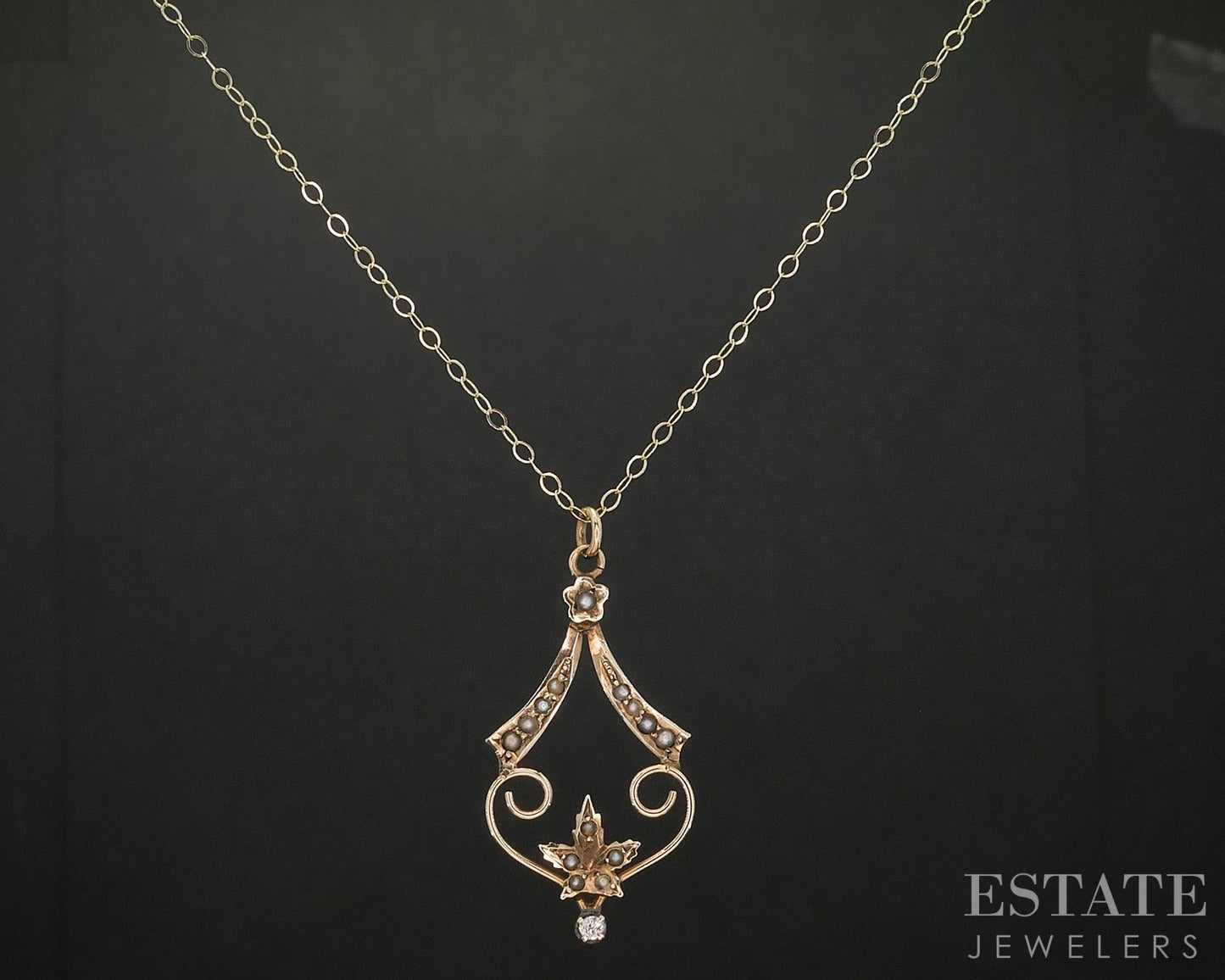 Antique Victorian 10k Yellow Gold Diamond & Seed Pearl Lavalier Necklace i19971b