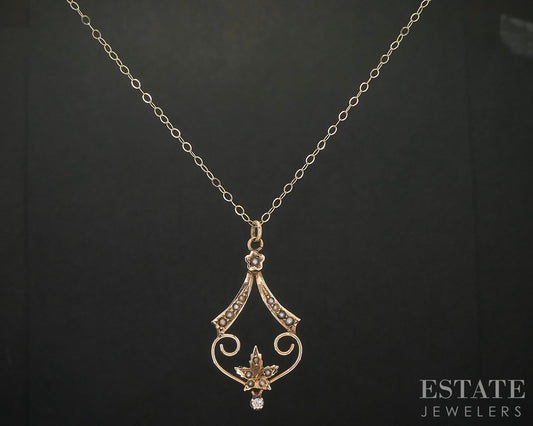 Antique Victorian 10k Yellow Gold Diamond & Seed Pearl Lavalier Necklace i19971b