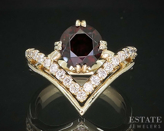 14k Yellow Gold Round Natural Red Zircon & Diamond Ladies Band Ring 6.7g i20010