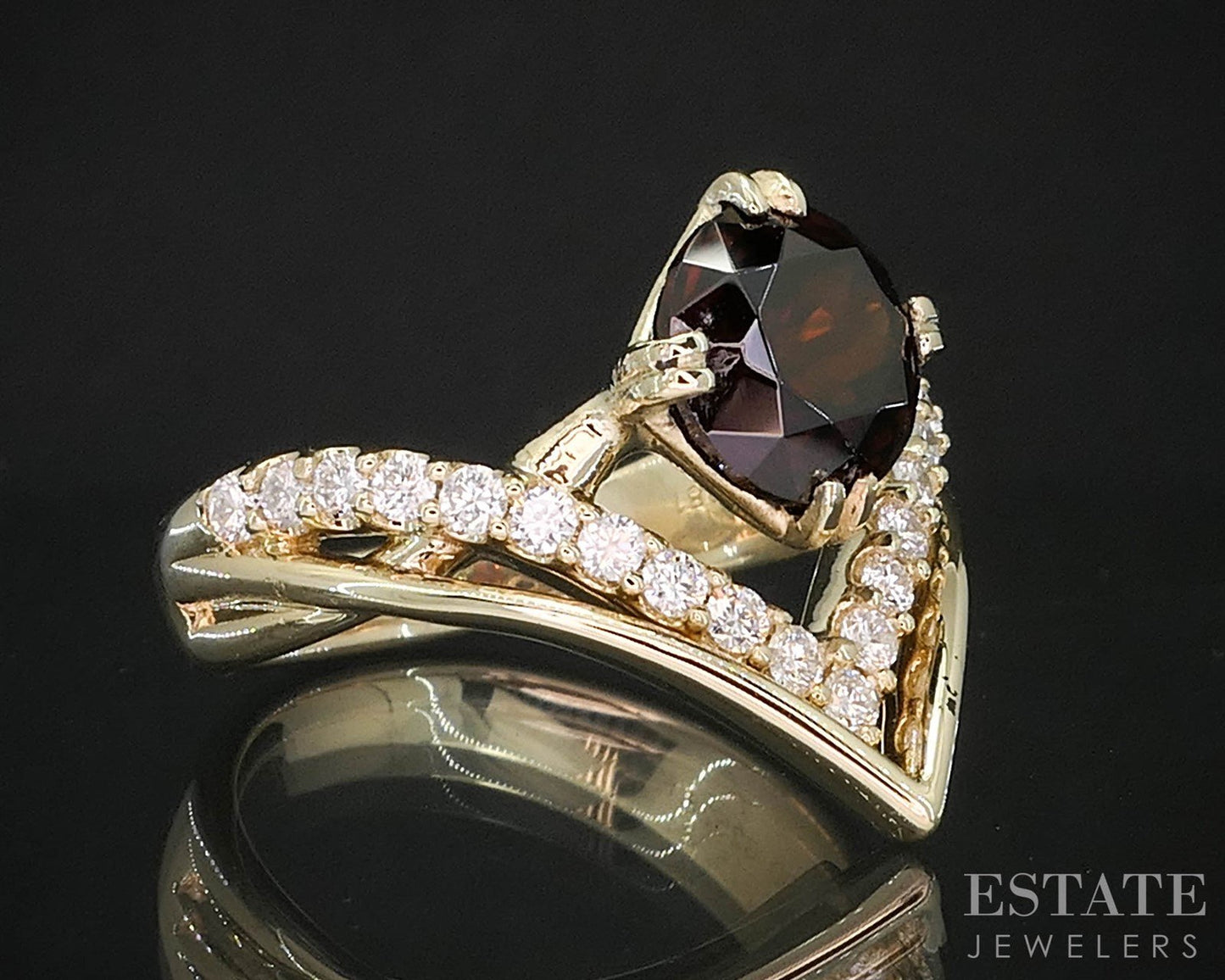 14k Yellow Gold Round Natural Red Zircon & Diamond Ladies Band Ring 6.7g i20010
