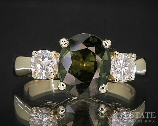 14k Yellow Gold Oval Natural Green Sapphire & Diamond Ladies Ring 4.7g i20012