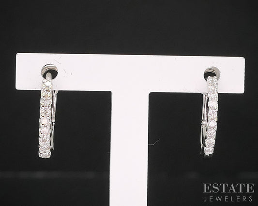 18k White Gold Round Natural .09ctw Diamond Hoop Huggie Earrings 1.4g i20018