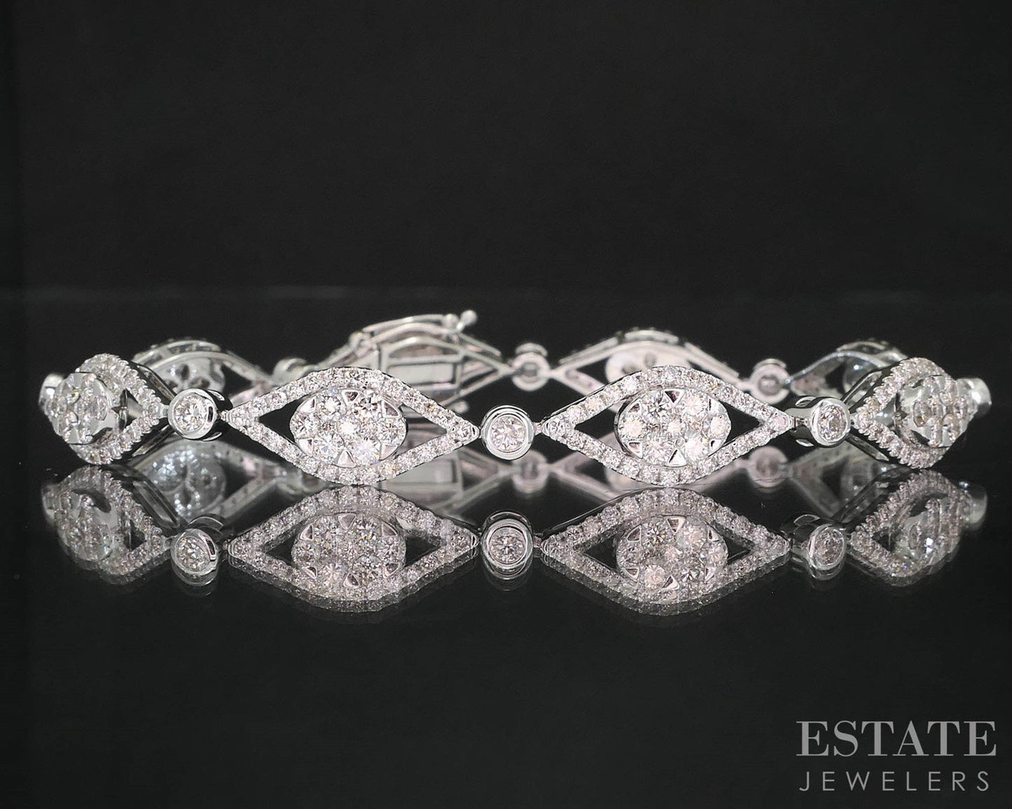 14k White Gold Natural 4ctw Diamond Cluster Tennis Bracelet 14g 7"L i19954