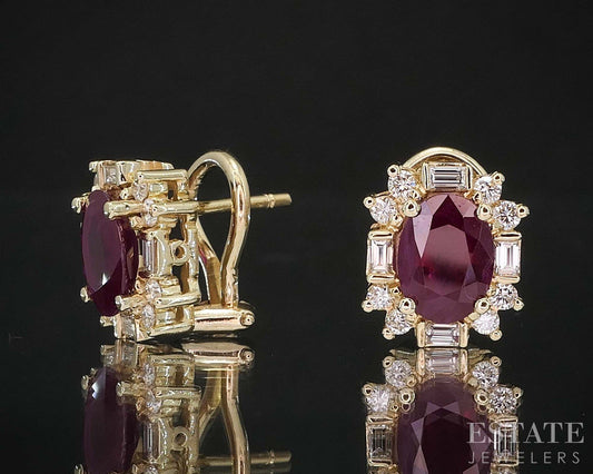 14k Yellow Gold Oval Ruby & Diamond Omega Back Earrings 5.3g i20016
