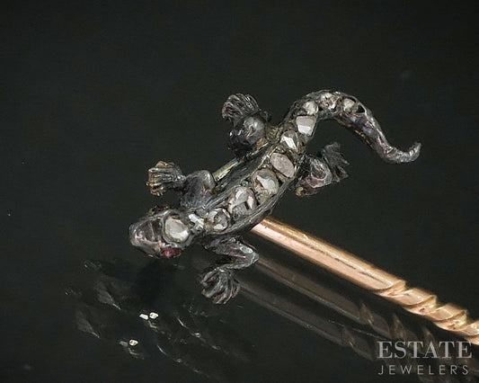 Antique Georgian 10k & Sterling Rose Cut Diamond Lizard Stick Pin 1.5g i19953