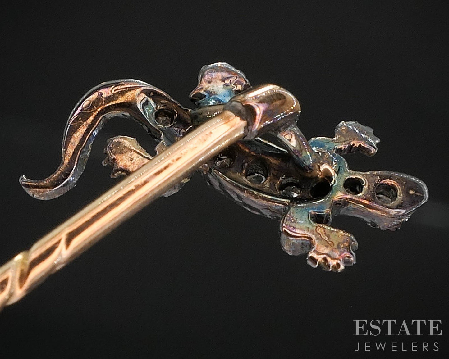 Antique Georgian 10k & Sterling Rose Cut Diamond Lizard Stick Pin 1.5g i19953
