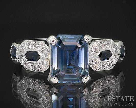 Vintage Platinum Emerald Natural Blue Sapphire & Diamond Engagement Ring i19950