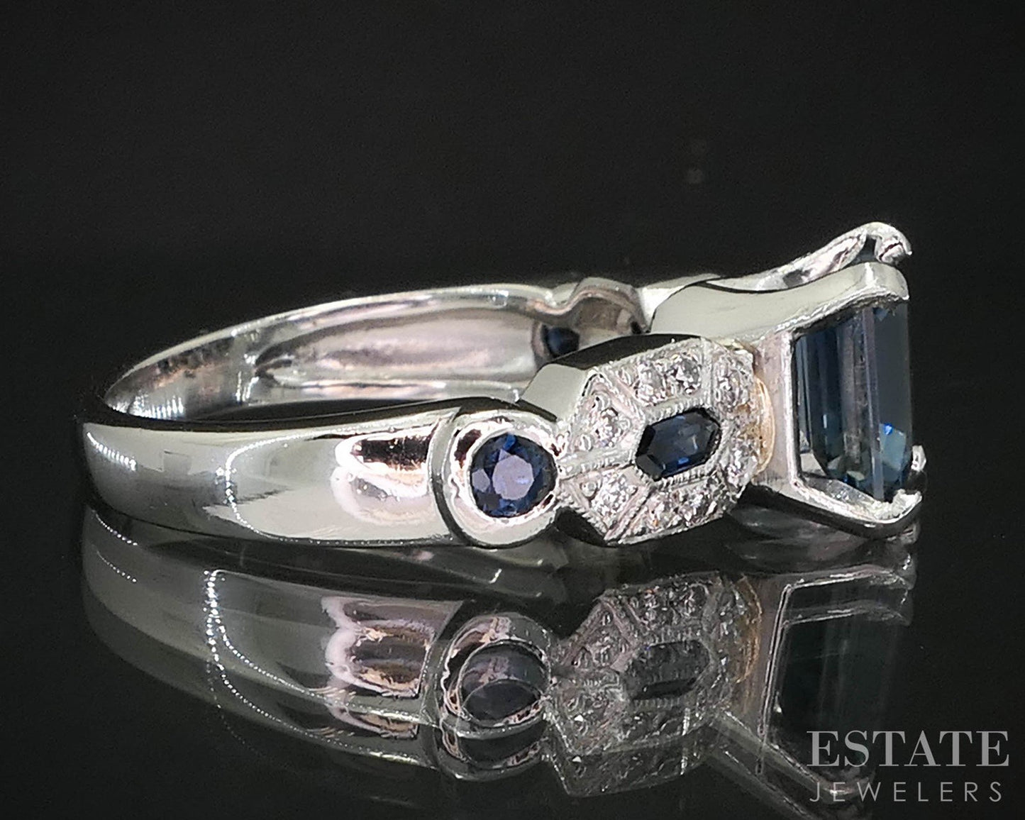 Vintage Platinum Emerald Natural Blue Sapphire & Diamond Engagement Ring i19950