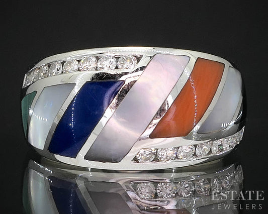 14k White Gold Asch Grossbardt Natural Multi Gem & Diamond Band Ring 8g i20021